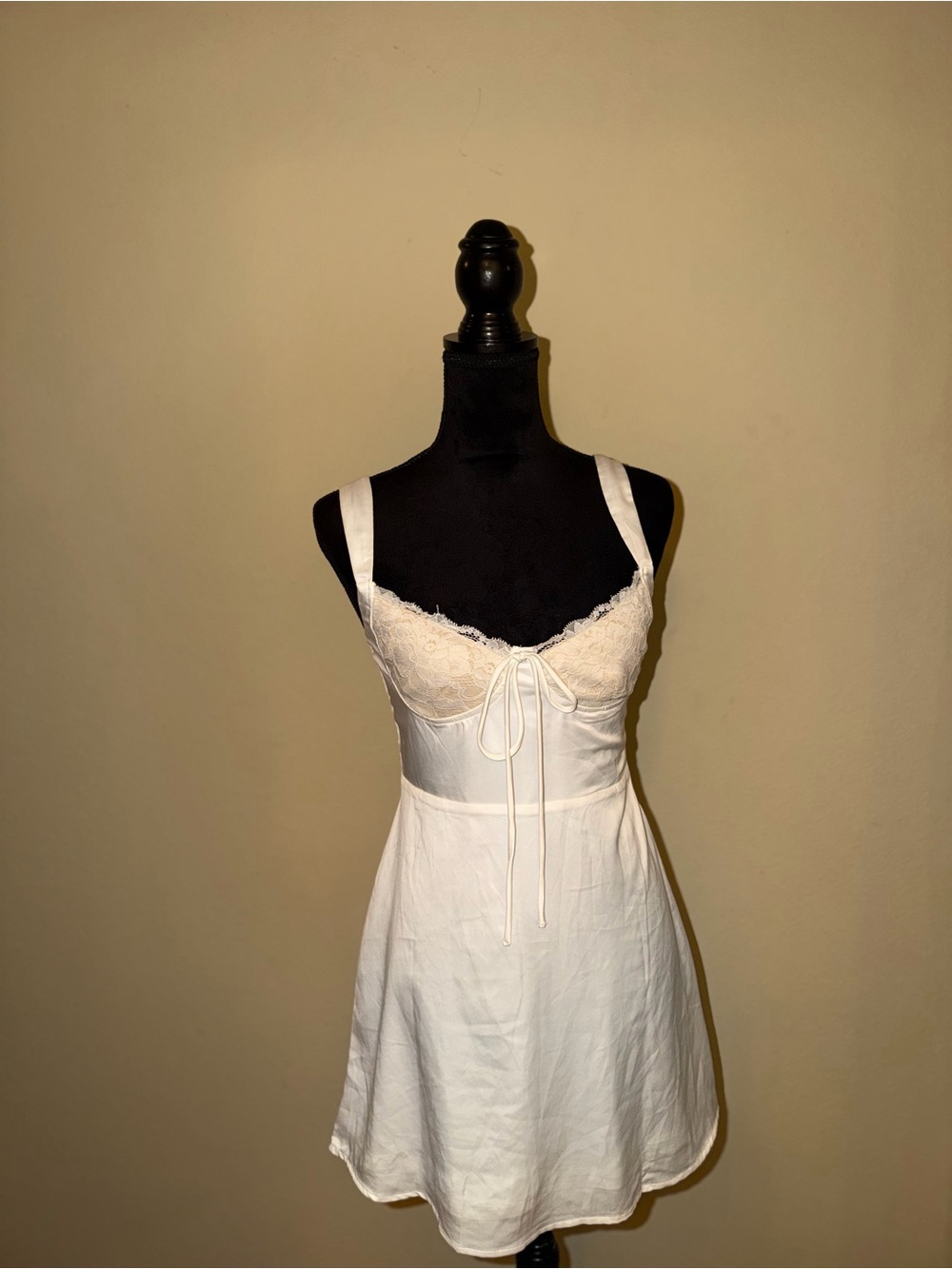 White Lace-Trim Mini Dress with Tie Front - Women's Dress